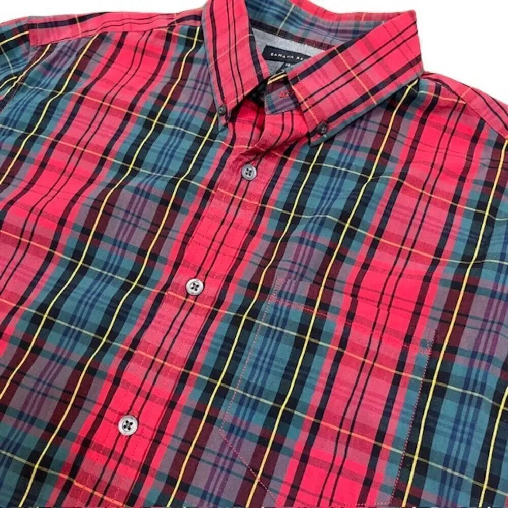 Banana Republic Men's Plaid‎ Button Down Shirt Contrast Cuff Red Green Medium